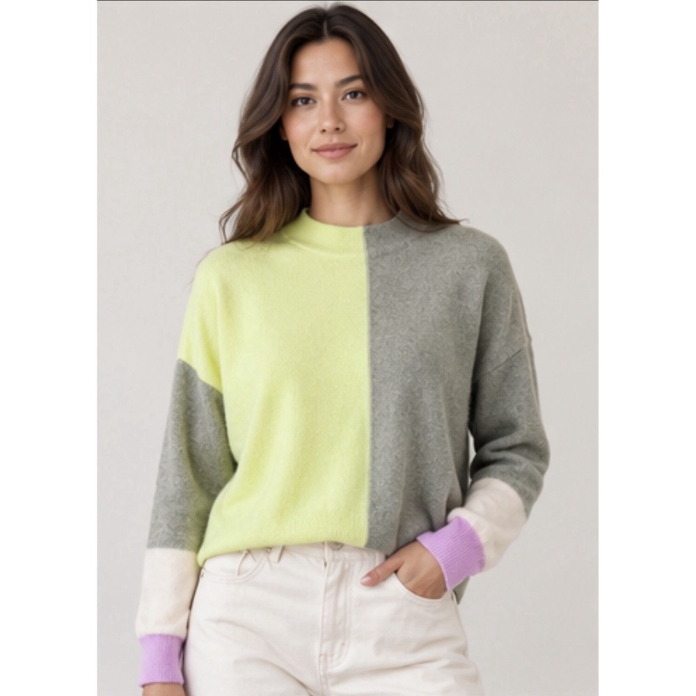 Pilcro 100% Cashmere Sweater M Colorblock Lime Gray Boxy Pullover Anthropologie